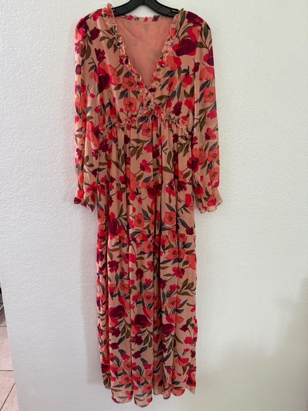 Floral Ruffle V-Neck Maxi Dress - Pink Floral Size Small - Picture 2 of 9